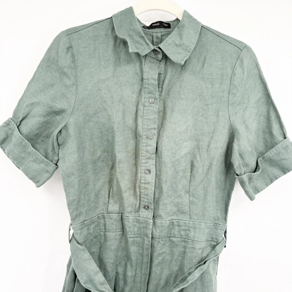 Mango Womens Green 100% Linen Natural Breathable Utility Wide Leg Jumpsuit M